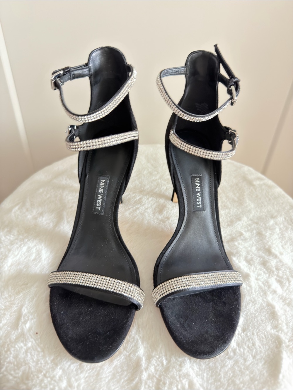 Nine West Black Suede Ankle-Strap Heels with Silver Rhinestone Straps